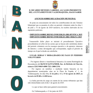 Bando: anuncio sobre recaudación municipal IBI RÚSTICA Y URBANA 2025